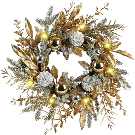 DOLASO Weihnachtskranz, 50,8 cm, Weihnachts-Türdekoration, Kranz mit warmen Lichtern, Weihnachtskugeln, Tannenzapfen, goldenen Zweigen, Tannennadeln und silbernen Beeren für Tür, Fenster, Zuhause, Out (1/5)