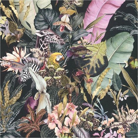 Animal pattern wallpaper wall Profhome 381761 smooth non-woven non-textured wallpaper with jungle elements matt black pink green yellow 5.33 m2 (1/5)