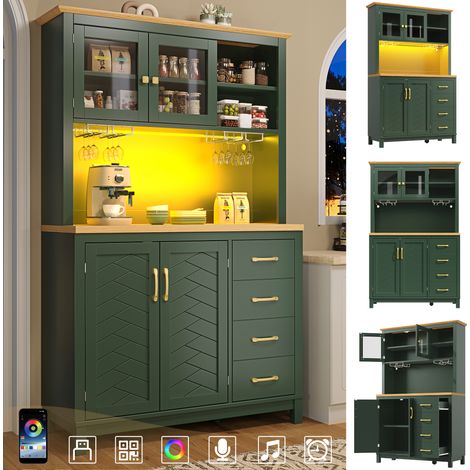 Buffet rustique 105,5 x 40 x 180 cm avec éclairage LED, porte-gobelets, 4 portes – meuble de rangement et cuisine vert/noir/blanc (1/4)