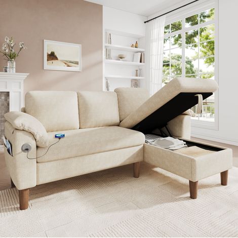 Divano angolare 181/125/88 cm beige in ciniglia, chaise longue reversibile e vano contenitore (1/5)