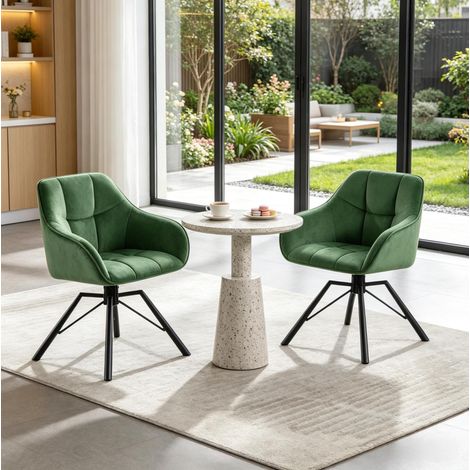 Silla de comedor giratoria de terciopelo y metal verde oscuro con reposabrazos, asiento ancho, giro 360° (1/5)