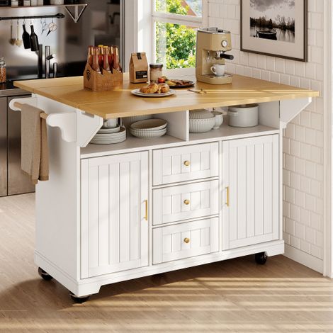 Îlot de cuisine mobile blanc sur roulettes plateau rabattable double côté 120 cm 3 tiroirs 2 portes battantes porte-serviette meuble de rangement cuisine multifonction (1/5)