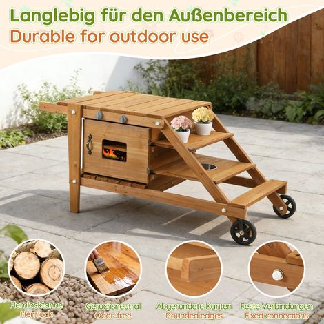 Cuisine d'extérieur pour enfants avec roues, chariot alimentaire en bois, cuisine de jardin, pour enfants à partir de 3 ans (naturel) (1/5)