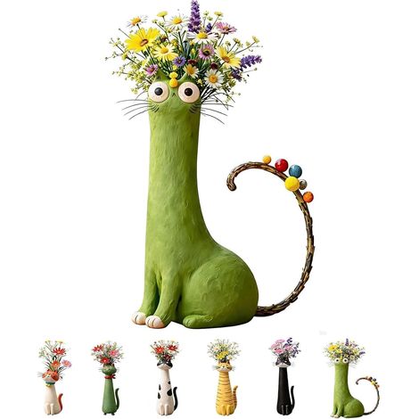 Vase fantaisie en céramique fabriqué à la main en forme de chat – Vase à fleurs en forme de chat mignon pour petites fleurs, décoration d'étagère de bureau – Vase décoratif pour chat – Décoration (1/5)