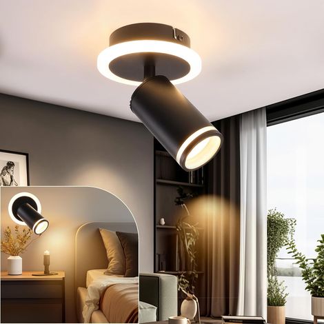 Spot de plafond LED noir - 1 ampoule ronde orientable à 350° - Avec ampoule inférieure 5 W + 5 W GU10 - Plafonnier de salon - 3000 K - Blanc chaud (1/5)