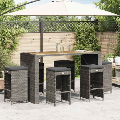 Lot de 6 Tabourets de Bar de Jardin en Résine Tressée et Acier avec Coussins Gris - PANGIVO (1/5)