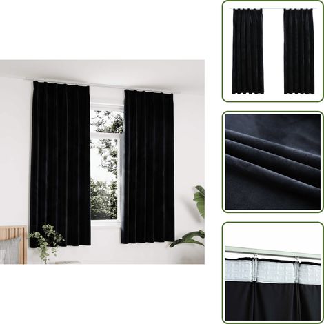 Rideaux occultants avec crochets 2 pcs Velours Noir 140x175 cm - Rideaux Noirs - Rideaux Velours - Rideaux Occultants - Décoration Intérieure - Salon (1/5)