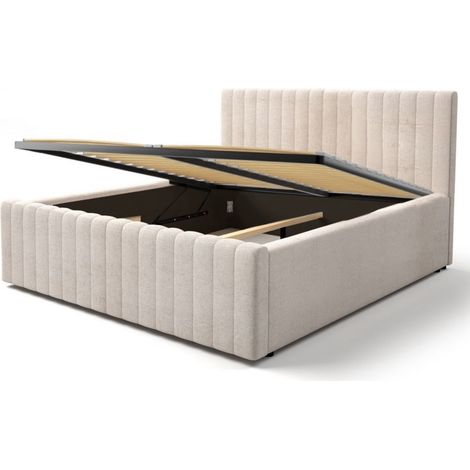 Lit coffre ELORIA 180x200 en tissu bouclé beige avec tête de lit capitonnée et sommier inclus (1/5)