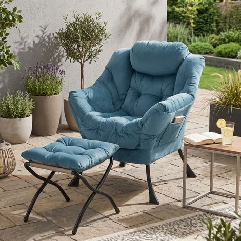 Fauteuil avec pouf, fauteuil relax avec accoudoirs, poche latérale et repose-pieds, fauteuil lounge, fauteuil TV, fauteuil à oreilles pour salon, chambre, bureau, bleu (1/5)