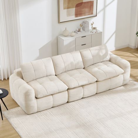 Sofá modular de 3 plazas sin estructura, respaldo capitoné, gran comodidad, apto para uso diario, chenilla beige. (1/5)