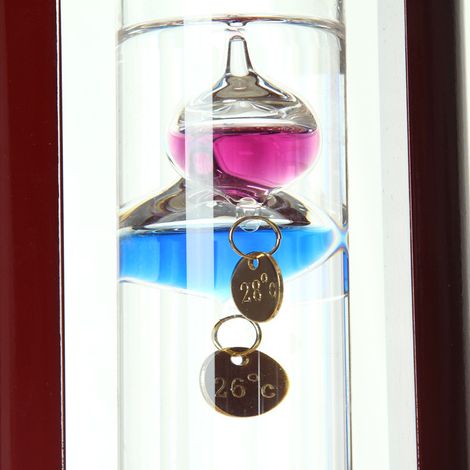 Thermomètre de Galilée en verre, design à sphères multicolores dans un cerisier