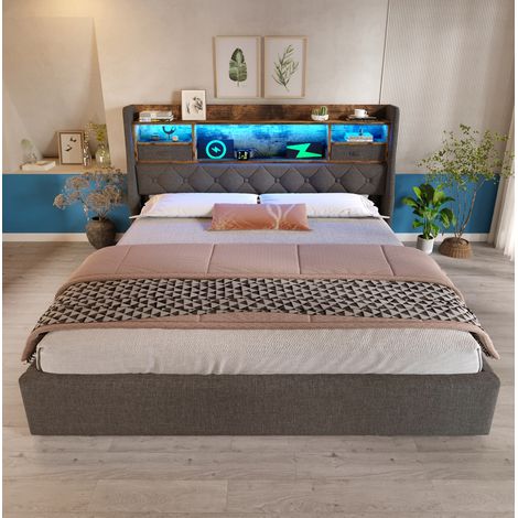Polsterbett 180x200 cm grau aus Leinen mit LED-Kopfteil, USB-/Type-C-Ladestation und Hydraulik-Stauraum (1/5)