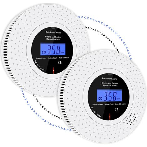 Détecteur de Fumée et de Monoxyde de Carbone interconnecté sans Fil, Détecteurs de Fumée pré-connectés, Pile AA remplaçable Incluse, Alarme pour Fumée et CO avec écran LCD, Lot de 2 (1/5)
