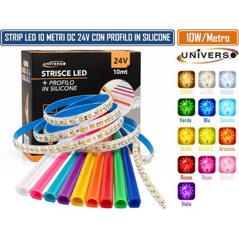 UNIVERSO STRIP LED 10 METRI CON PROFILO IN SILICONE COLORATO 24V DC 10W/M 120 LED/M SMD IP20 TAGLIABILE (1/5)