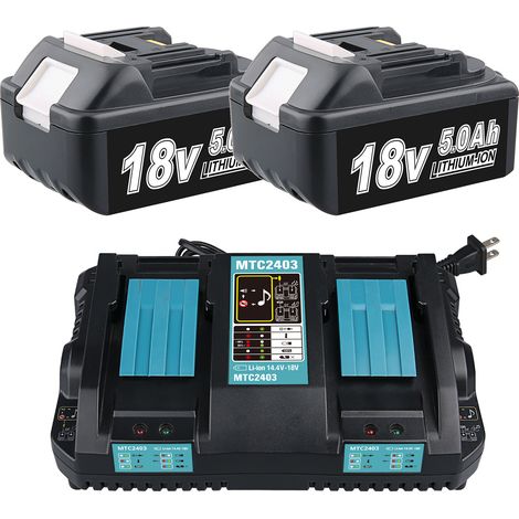 2er-Pack BL1850 BL1850B 18 V 5 Ah Akku mit DC18RD Dual-Schnellladegerät, kompatibel mit Makita BL1830 BL1840 BL1850 BL1860 und Makita DMR1001 DMR101 DMR102 DMR103B DMR104 Radios (1/5)