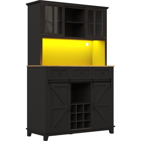 Credenza cucina alta nera 105x38,4x180 cm in MDF con LED e ante in vetro (1/5)
