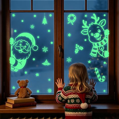 Autocollants Père Noël phosphorescents, autocollants en verre rennes fluorescents, autocollants électrostatiques flocons de neige verts lumineux, décorations de fenêtre.