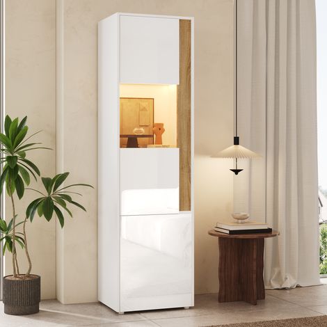 Vitrine lumineuse haute, meuble de rangement avec LED, 2 battants (dont un vitré en acrylique). Parfait pour salon, bureau, cuisine. Finition blanc et bois naturel. Taille : 50 x 40 x 179 cm (1/5)
