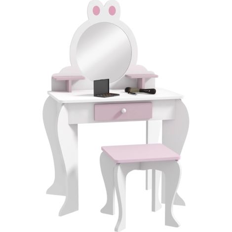 White and Pink Bunny-Design Kids Dressing Table Set with Mirror and Stool for Girls' Room Decor