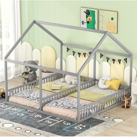 Letto a casetta 90x200 cm in pino e MDF grigio, 2 posti affiancati, con sponde di sicurezza (1/5)