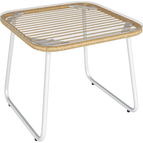 Polyrattan Gartentisch Rattanoptik Beistelltisch gehärtetes Glas verstellbare Füße Outdoor 50x50x44cm Natur