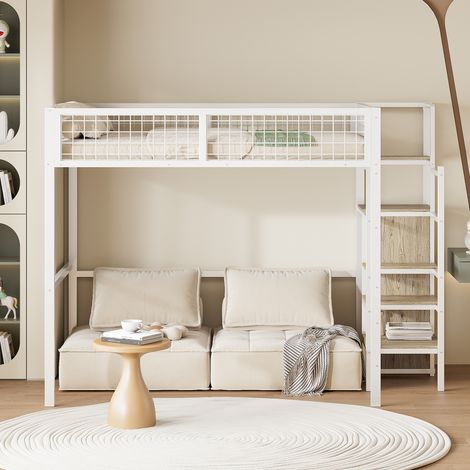 Lit surélevé 140x200 avec échelle, lit enfant à cadre métallique et étagère de rangement, armoire blanche (1/5)