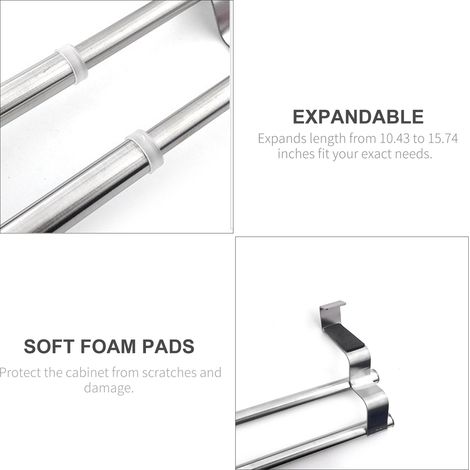 Toallero doble extensible para puertas de armarios - soporte de acero inoxidable de 26,5 a 40 cm, instalación sin herramientas, toallero para cocina y baño - color plata (1 unidad) (1/5)