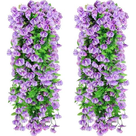 Lot de 2 fleurs artificielles suspendues, protection UV, pour décoration murale de jardin, porche, réveillon de mariage (violet) (1/4)