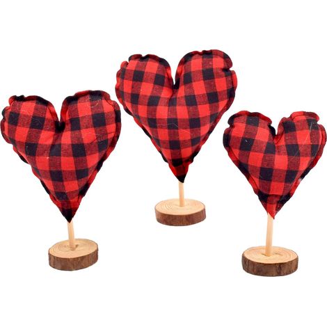 [Rot-schwarz kariert 3er-Set (groß, mittel und klein)] Herzförmige, gepolsterte Deko-Anhänger zum Valentinstag, beliebte handgefertigte Geschenke im europäischen und amerikanischen Stil für Zuhause (1/2)