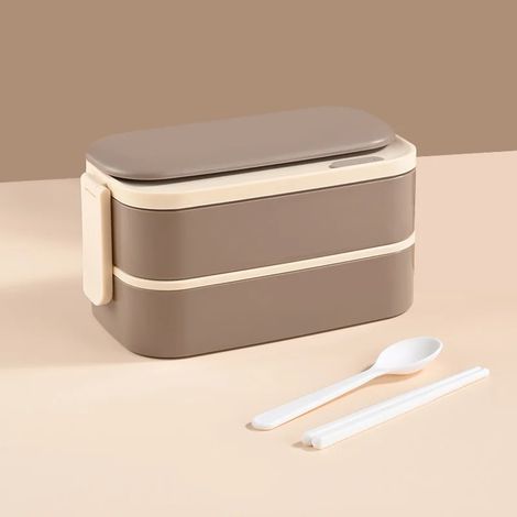 Boîte à lunch portable et hermétique en acier inoxydable 304 à double compartiment, compatible micro-ondes (brun). (1/5)