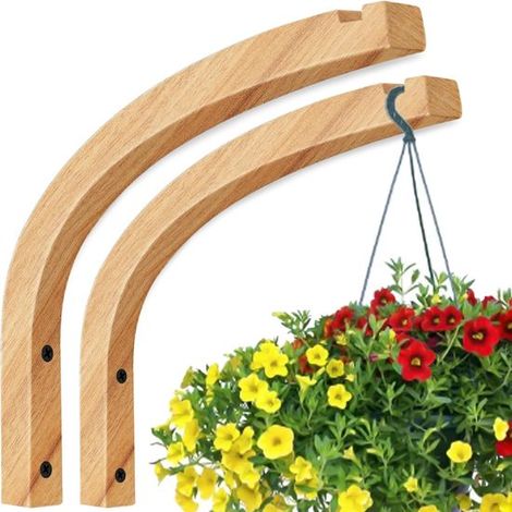 2 ganchos de pared de madera natural de 23,3 cm para colgar cestas, macetas y faroles. (1/5)