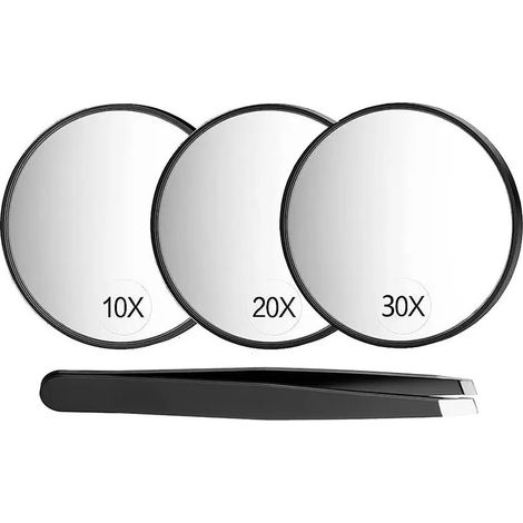 Miroir Grossissant Ensemble, 10x&20x&30x Miroir de Maquillage avec Ventouse, 9cm Miroirs, avec 2 Pincettes et Sac de Rangement, Idéal pour Les Voyages, la Salle de Bain, Cadeau pour Femme