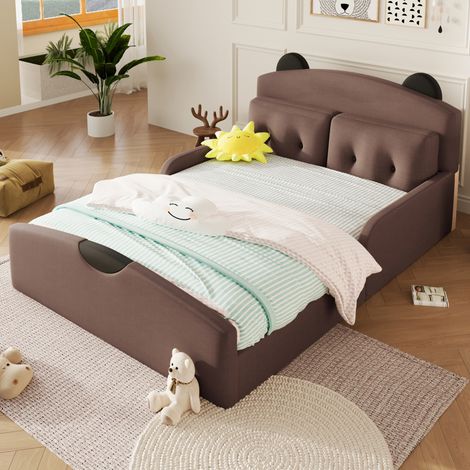 Letto 140x200 cm in MDF e lino color caffè con testiera orsetto, senza materasso – MEUBLIV (1/5)