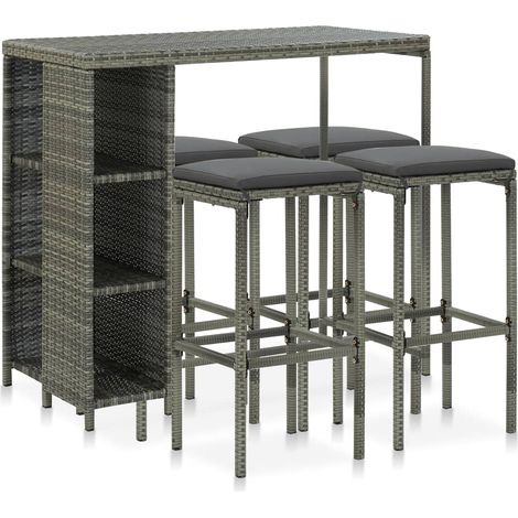 Meuble de bar de jardin 5 pcs et coussins Résine tressée Gris 2 (1/5)