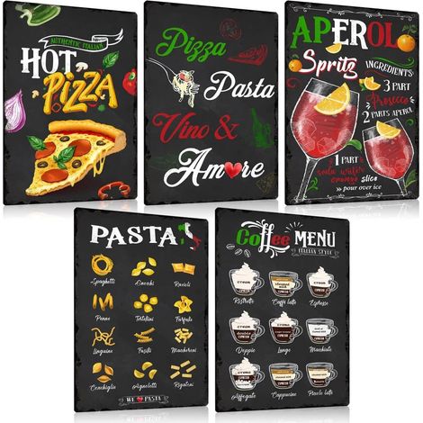 Lot de 5 Plaque Vintage Metal Italie Nourriture 20x30cm - Italienne Pizza Pasta Coffee Panneau - Italy Italien PAYS Pancarte Affiche Decoration Murale Cadeau Pour la Cuisine Kitchen Restaurant (1/5)