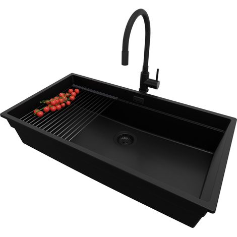 PRIMAGRAN Evier Cuisine en Granit 86x47cm, Lavabo 1 bac + Kit de Vidage + Accessoire, Évier à Encastrer au meuble 90cm - Prague Slim, Tout Noir (1/5)