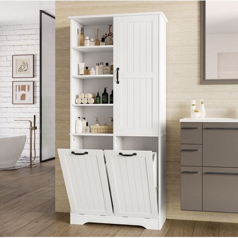 Armoire de salle de bain 78x35x172.7 cm blanche en MDF laqué avec double panier à linge et étagères réglables (1/5)