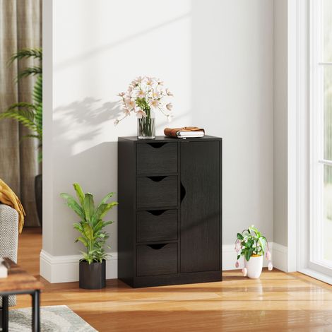Meuble de rangement buffet commode 1 placard et 4 tiroirs, en bois, pour salon, cuisine, entrée, salle à manger, noir (1/5)