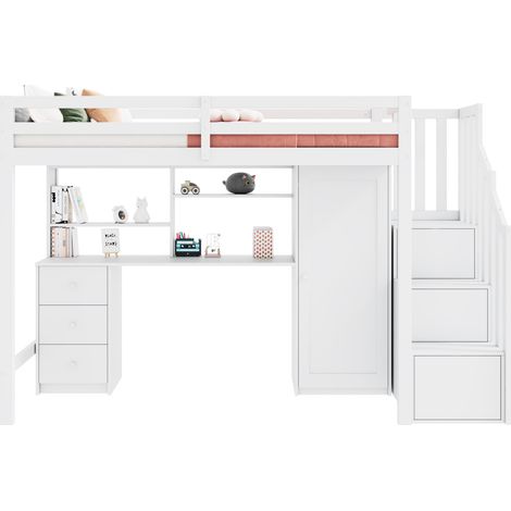 Lit superposé avec bureau, armoire, escalier et tiroirs, 90 x 200 cm, blanc, bois, gain de place pour chambre enfant, avec rangements  CHICFURN (1/5)