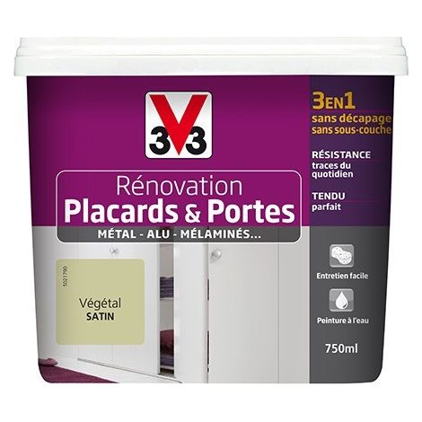 V33 – Peinture acrylique satin végétal 0,75 L – Rénovation placards et portes – Application sans sous-couche – Résistance traces du quotidien