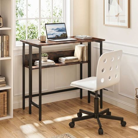 Petit bureau pliant marron avec plateau rabattable, étagère de rangement et pieds réglables pour bureau, chambre et entrée (1/5)