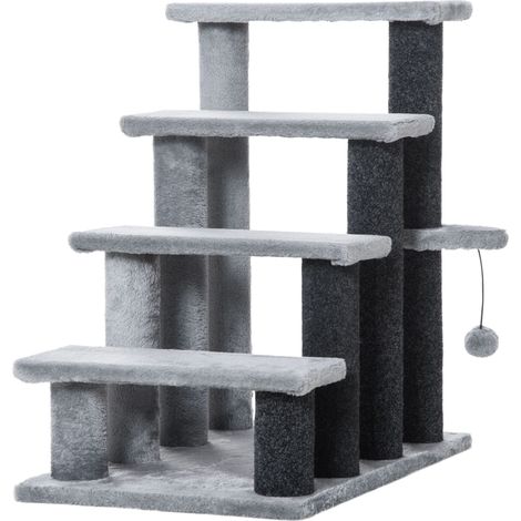 Scala per gatti 64 cm, 4 gradini con pallina e piattaforma, juta e peluche grigio (1/4)