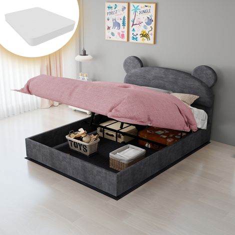Kinderbett modern gepolstert aus grauem Samt 140x200 cm mit Kopfteil mit Rundohren, Bettkasten und Matratze inklusive (1/5)