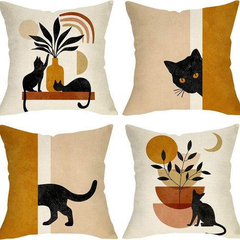 Copricuscino Boho 40x40 Set di 4, Federa decorativa astratta con gatto nero, pianta, sole e luna, moderna, minimalista, estetica, in lino, per divano, arredamento per la casa (1/5)