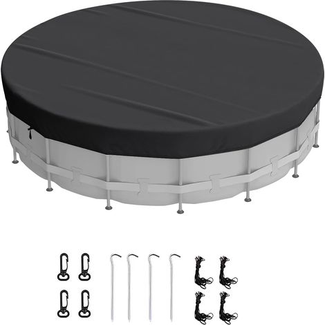 Bâche de piscine ronde 300/360/450 cm, résistante à l'eau et à la poussière, protection UV, avec cordon de serrage et pic de fond pour piscines hors sol, baignoires (noir, 360 cm) (1/5)