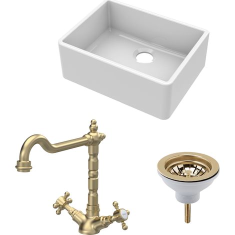 Fireclay Kitchen Bundle - Single Bowl Butler Sink, Strainer Waste & French Classic Mono Tap, 595mm - Brushed Brass - Balterley