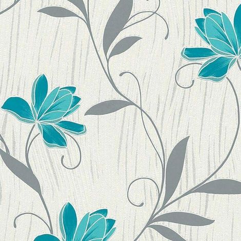 Lotus Wallpaper AS Creation Floral Textured Glitter Vinyl Grey Teal Blue White (1/2)