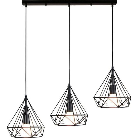 3 Lumières Suspension Luminaire Rétro Lustre Antique Diamant Plafonnier Noir Industriel Métal Vintage 25 CM (1/4)