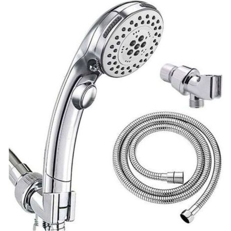 Pommeau de Douche Chromé avec Bouton Stop Douchette à Main 5 Jets au Choix Pomme de Douche Picots Anticalaire Type Universel (1/5)