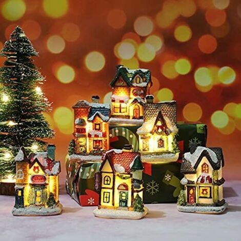 5-teiliges beleuchtetes Weihnachtsdorf-Dekorationsset – LED-Miniaturhaus mit Schneeflocken – Tischdekoration aus Kunstharz für den Innenbereich